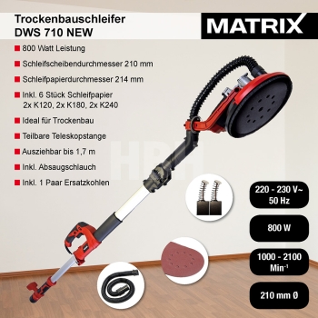 MATRIX Trockenbauschleifer Deckenschleifer Wandschleifer DWS 710 NEW 800W 3,60m 