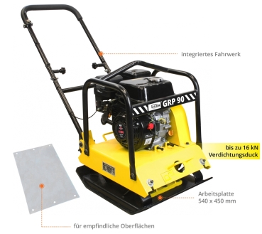 GÜDE GRP 90 Rüttelplatte Verdichter Rüttler Fahrwerk PU-Platte 94kg 16kN  