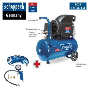 SCHEPPACH SET HC26 Kompressor 24 Liter 8 bar Druckluft mit 5 teiligem Zubehörset 220 L/min||1500W|fahrbar|ölgeschmiert|5tlg Zubehör|2 PS