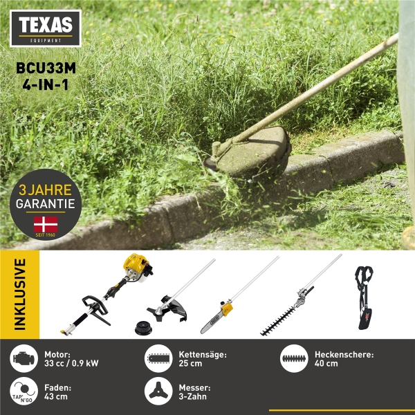 TEXAS Gartenpflegeset BCU33M 4in1 Benzin Hochentaster Rasentrimmer Motorsense 