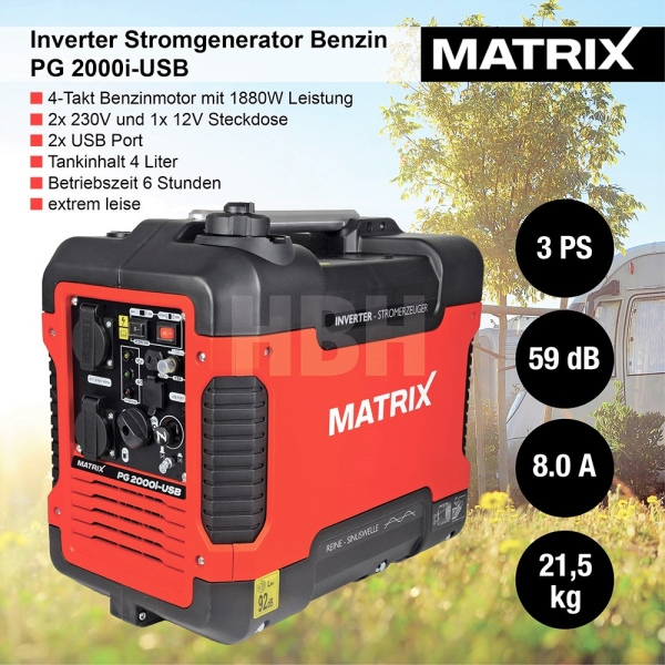 MATRIX Notstromaggregat Stromerzeuger Stromgenerator Inverter Benzin PG2000i-USB  