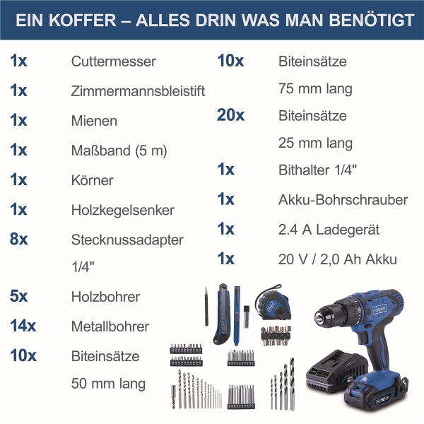 Scheppach Akkuschrauber mit Akku 20V Werkzeugkoffer mobile Werkstatt C-DTB74/1-X 