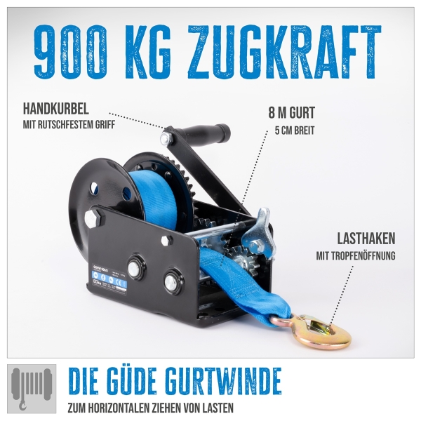 GÜDE Gurtwinde GGHW 900/8 900kg Zugkraft 8 Meter Gurtlänge 5cm Breite Softgriff 