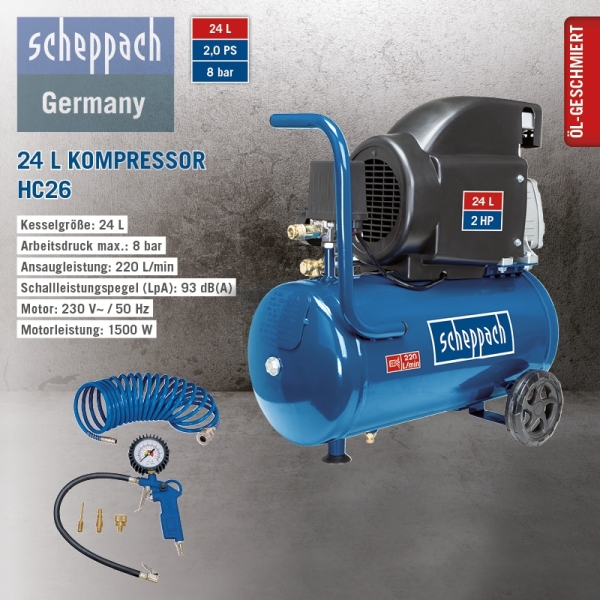 SCHEPPACH SET HC26 Kompressor 24 Liter 8 bar Druckluft mit 5 teiligem Zubehörset 220 L/min||1500W|fahrbar|ölgeschmiert|5tlg Zubehör|2 PS