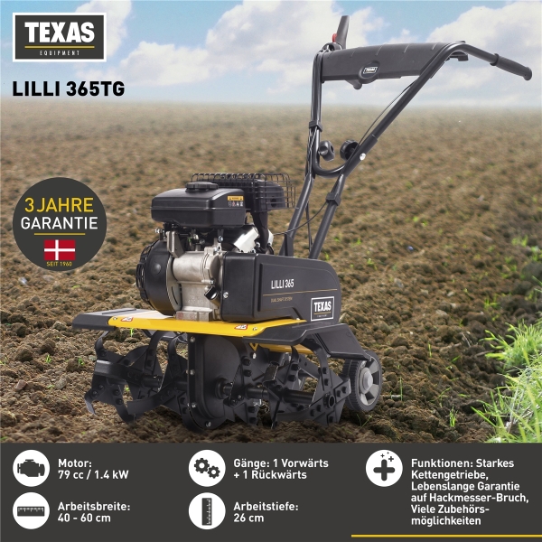 TEXAS Gartenfräse Motorhacke Bodenhacke Bodenfräse Pflug Benzin Lilli 365TG 